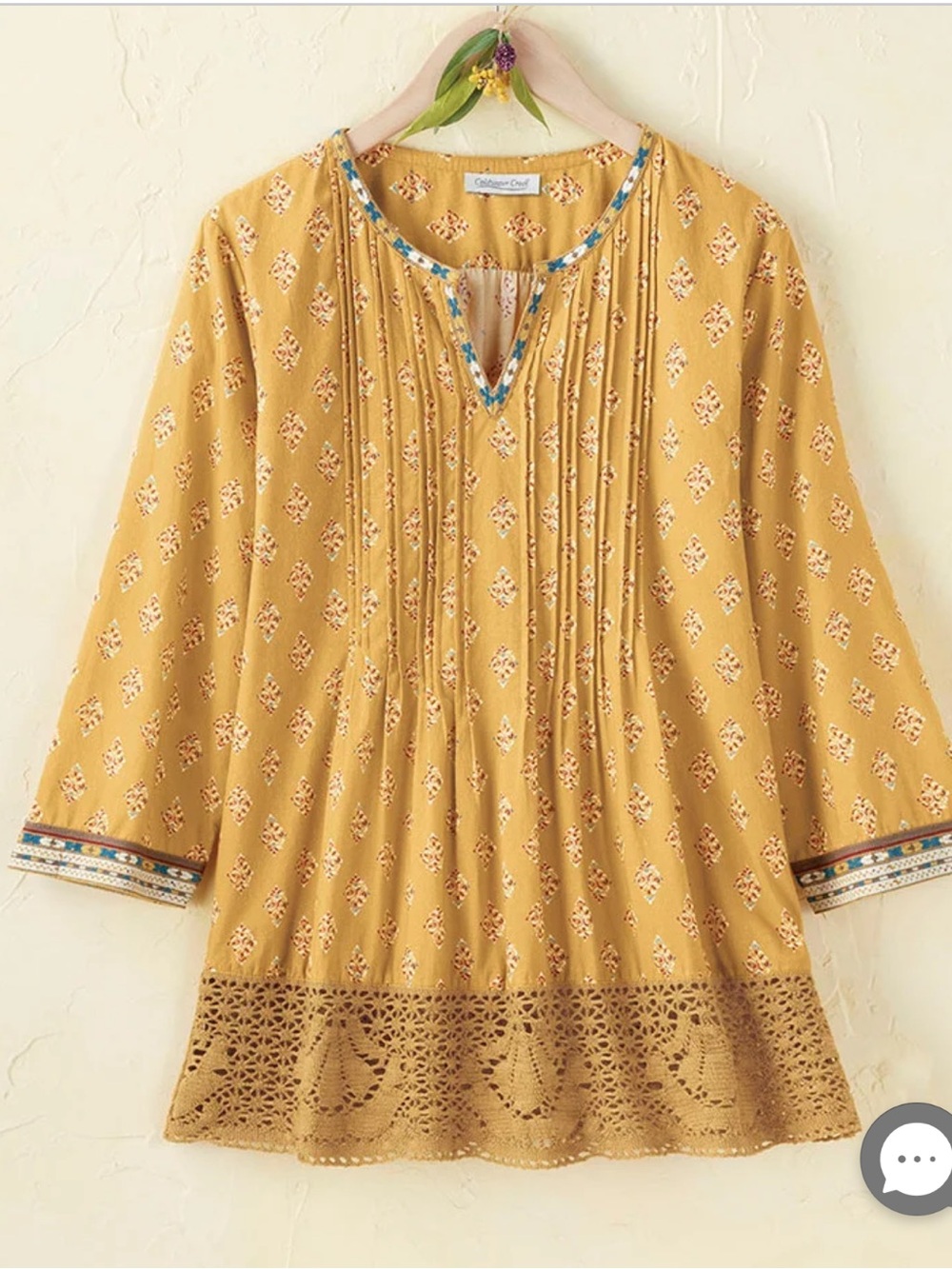 π Coldwater Creek Mustard Boho Tunic | PS | Crochet Hem
